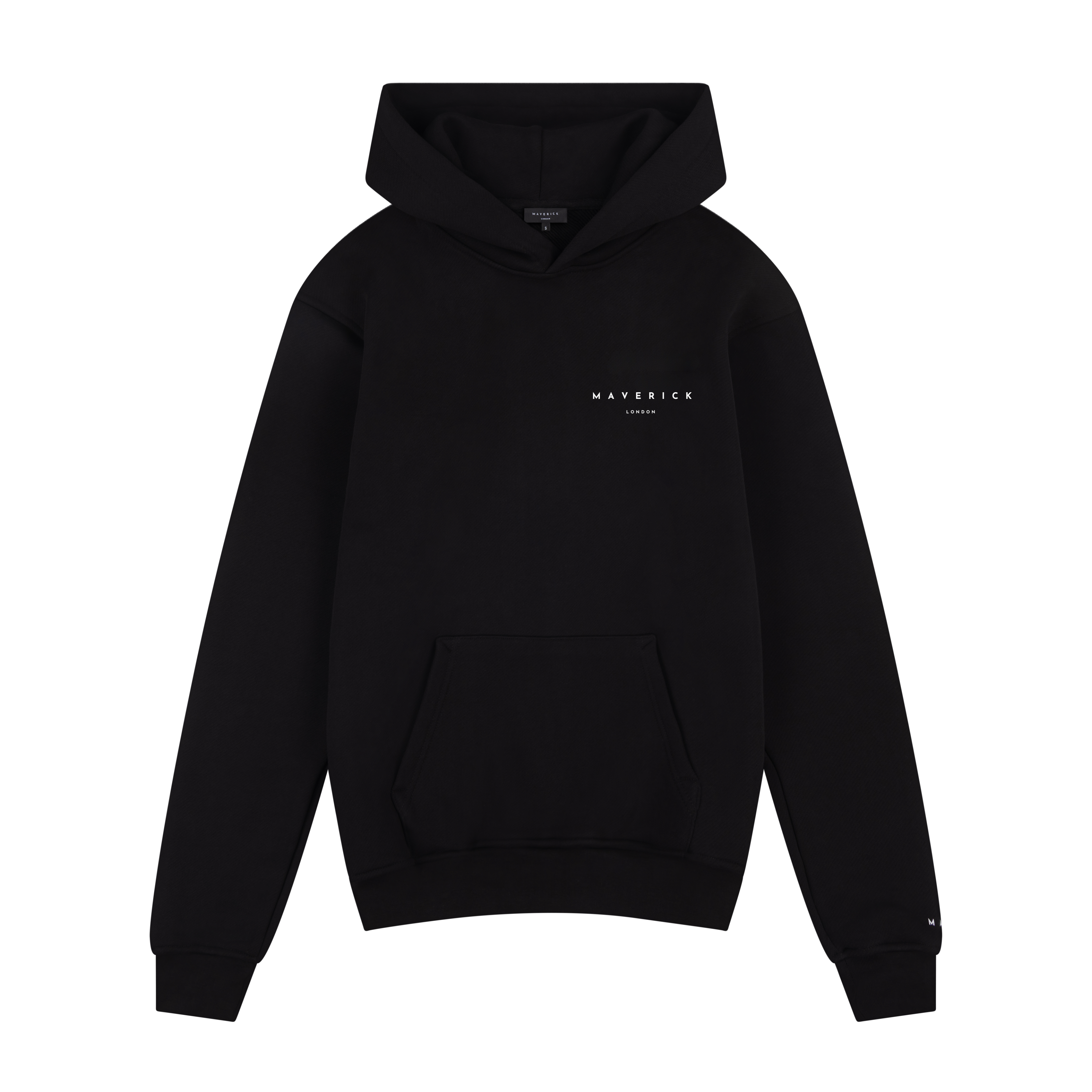 Black hoodie with 'Maverick London' branding in white