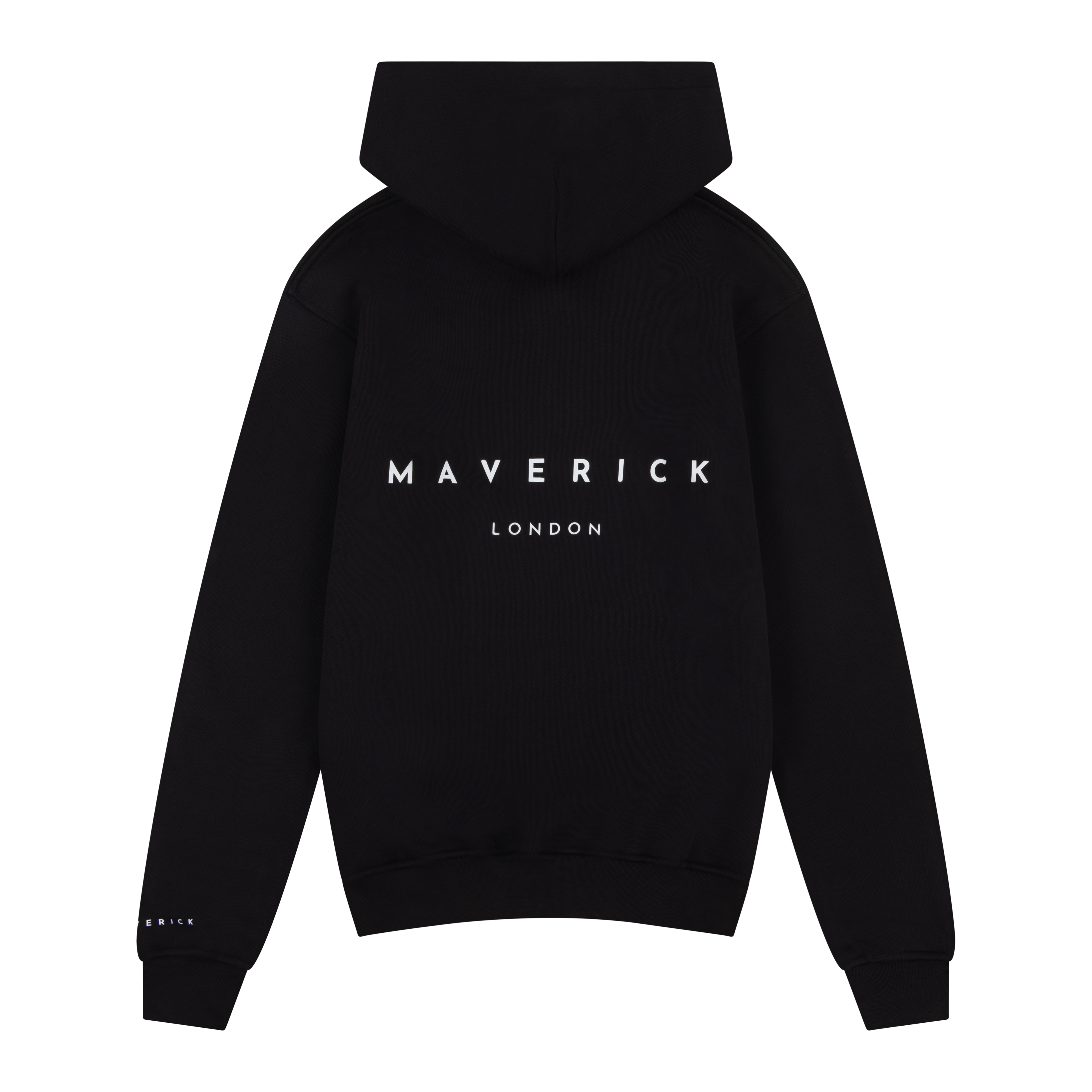 Black hoodie with 'Maverick London' branding on the back white print