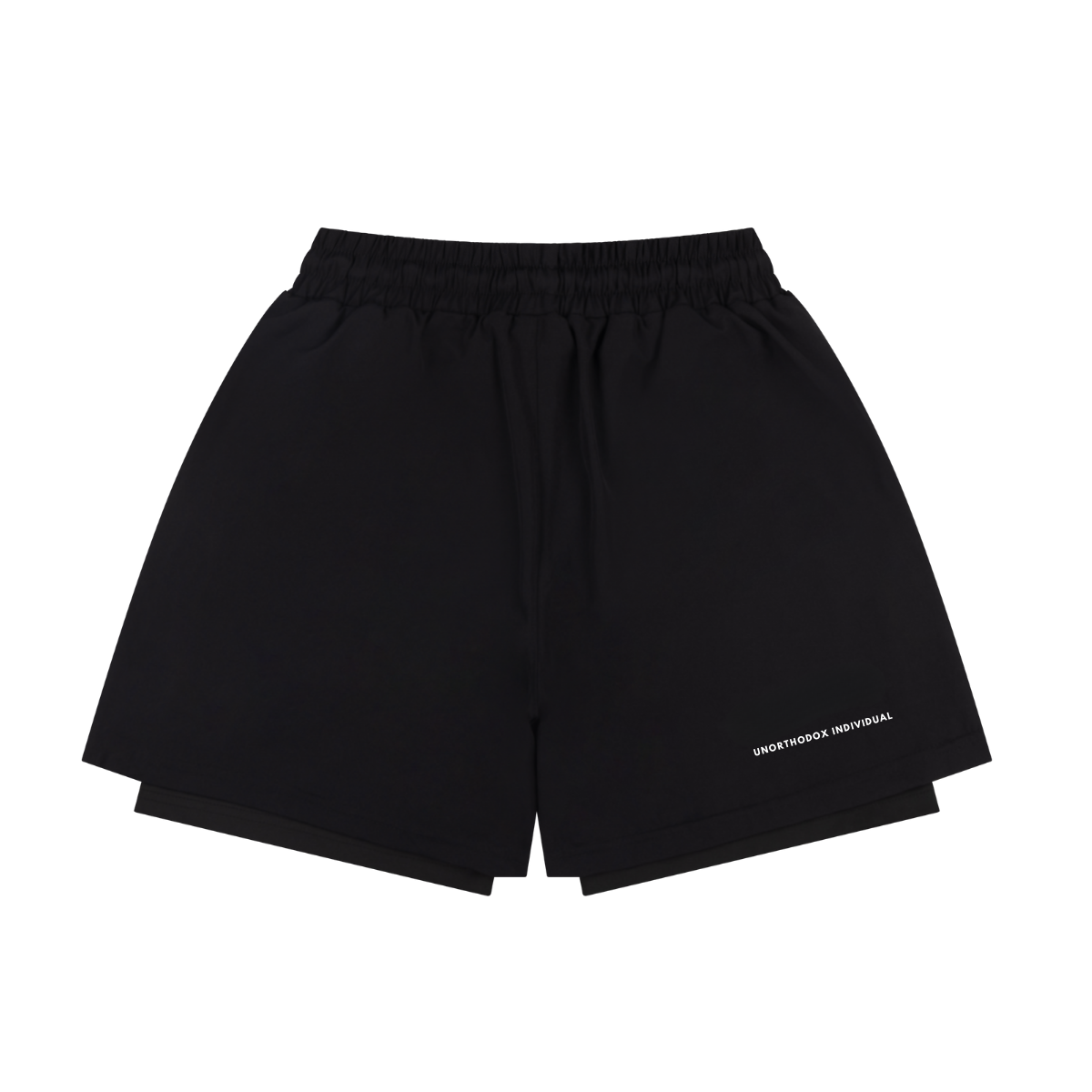 Black shorts with 'Maverick unorthodox individual branding in white to the back