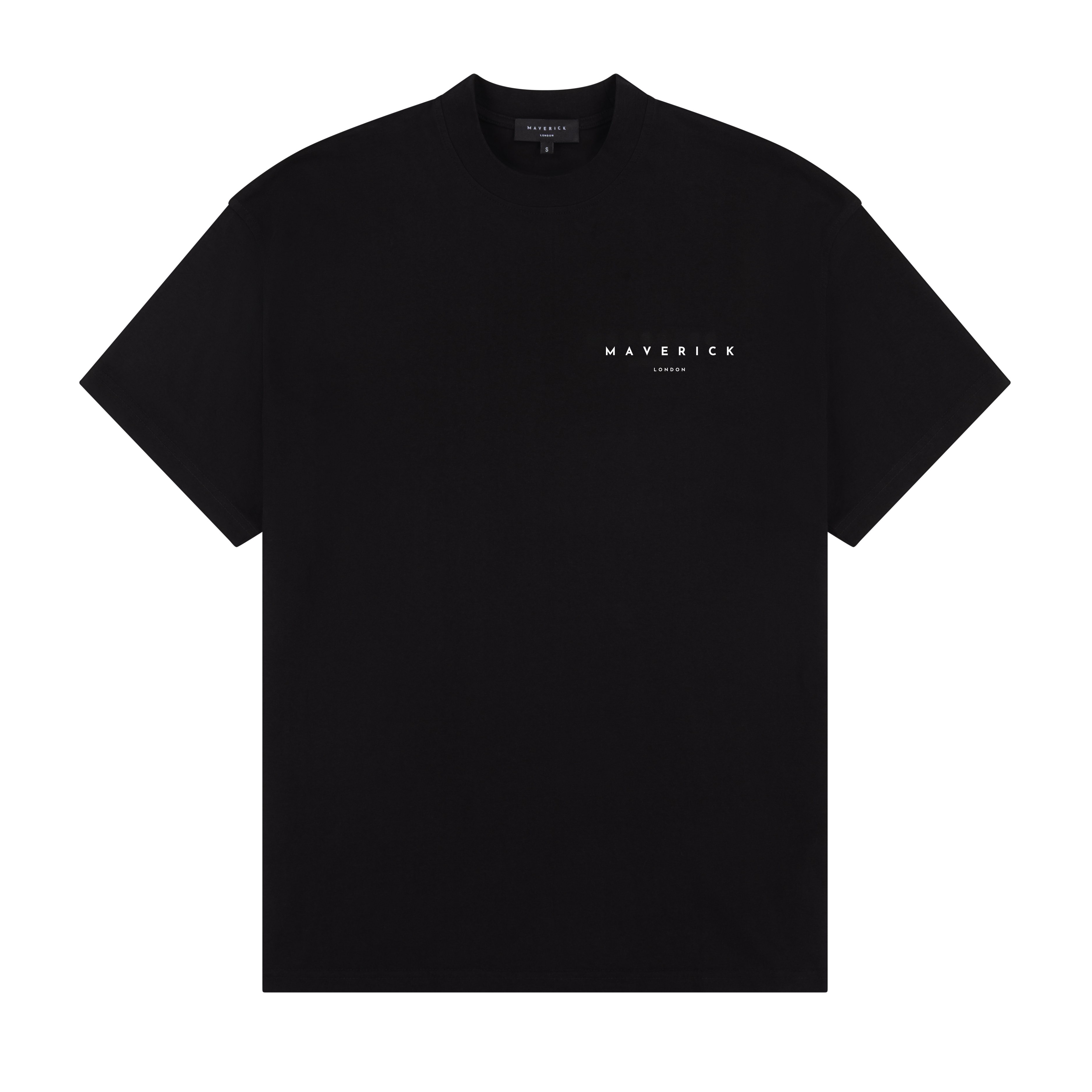 black t-shirt with 'Maverick London' logo in white