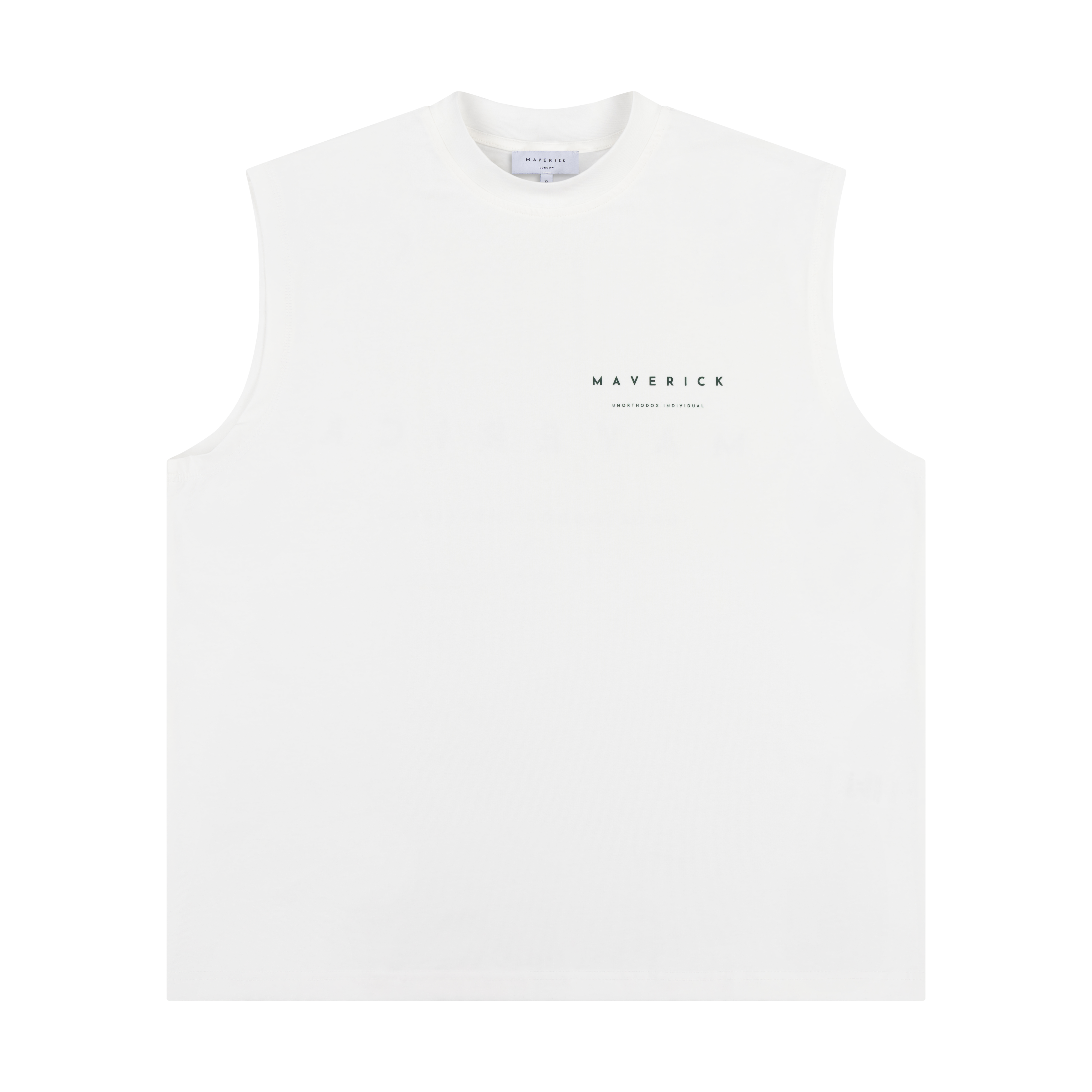 Off White sleeveless shirt with 'Maverick' branding with forest green logo