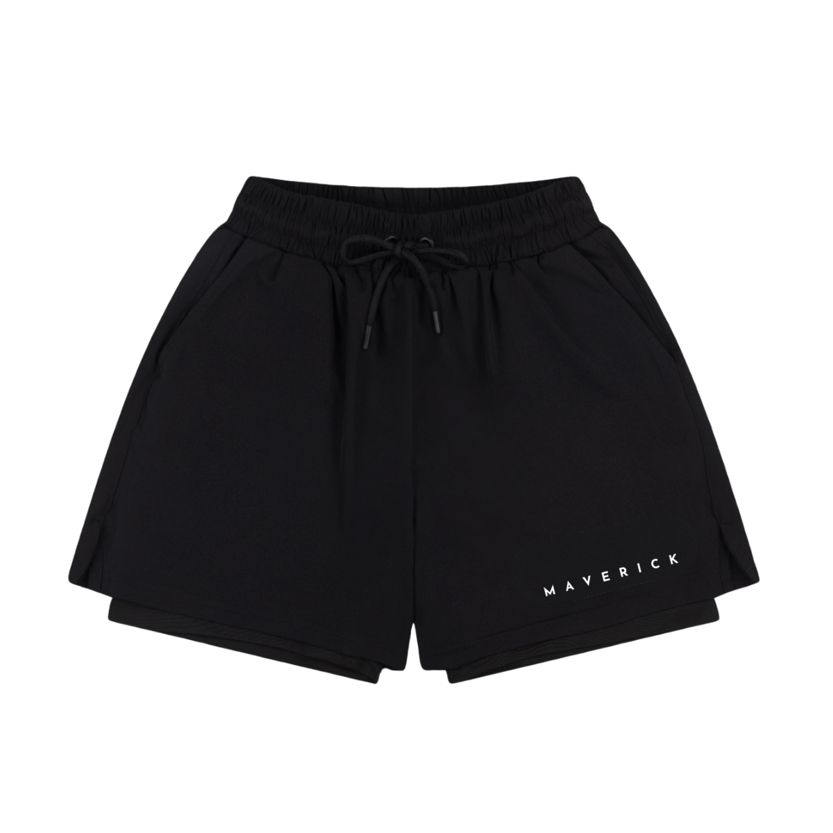 Black shorts with 'Maverick unorthodox individual branding white front 