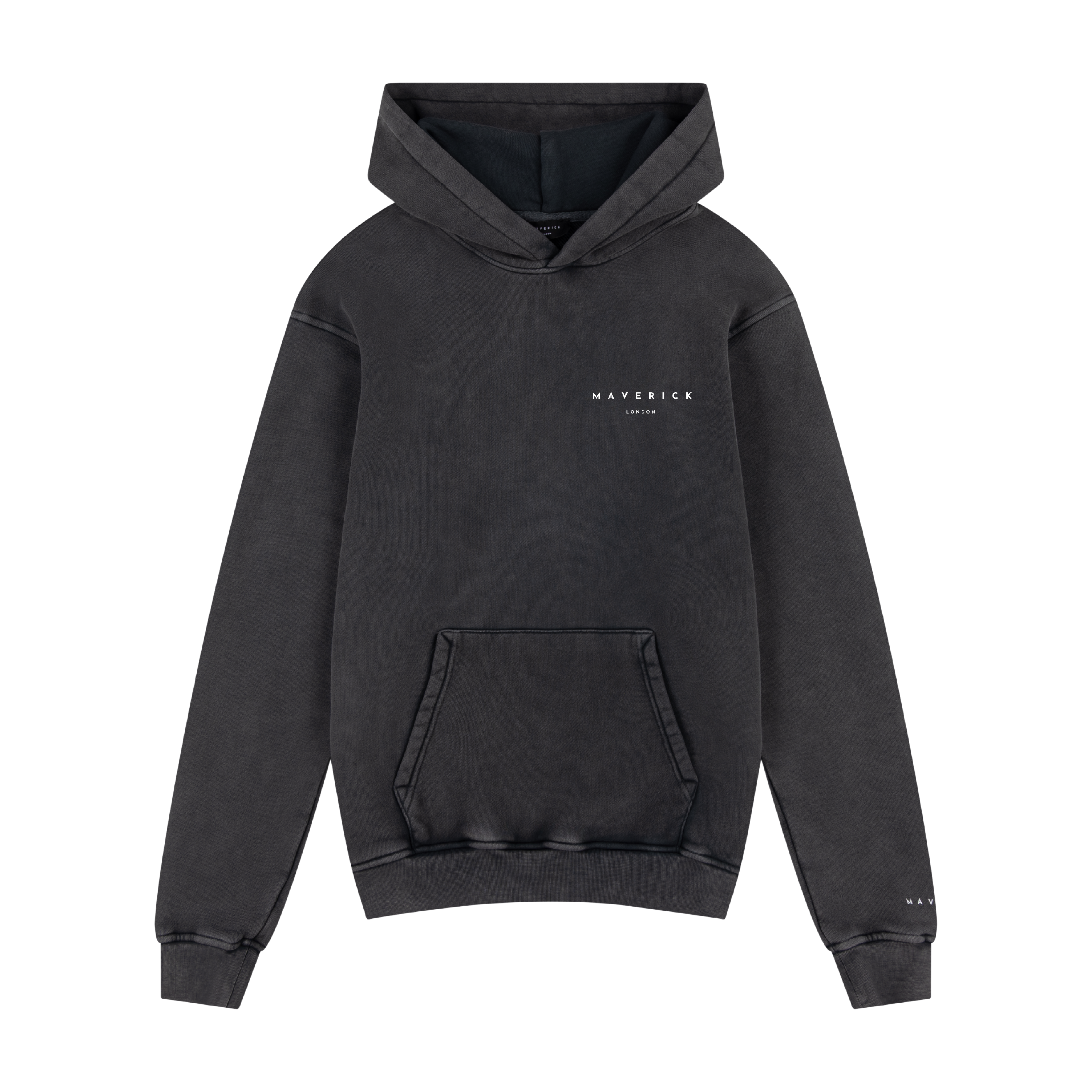 Grey hoodie with a maverick london branding to the front in white