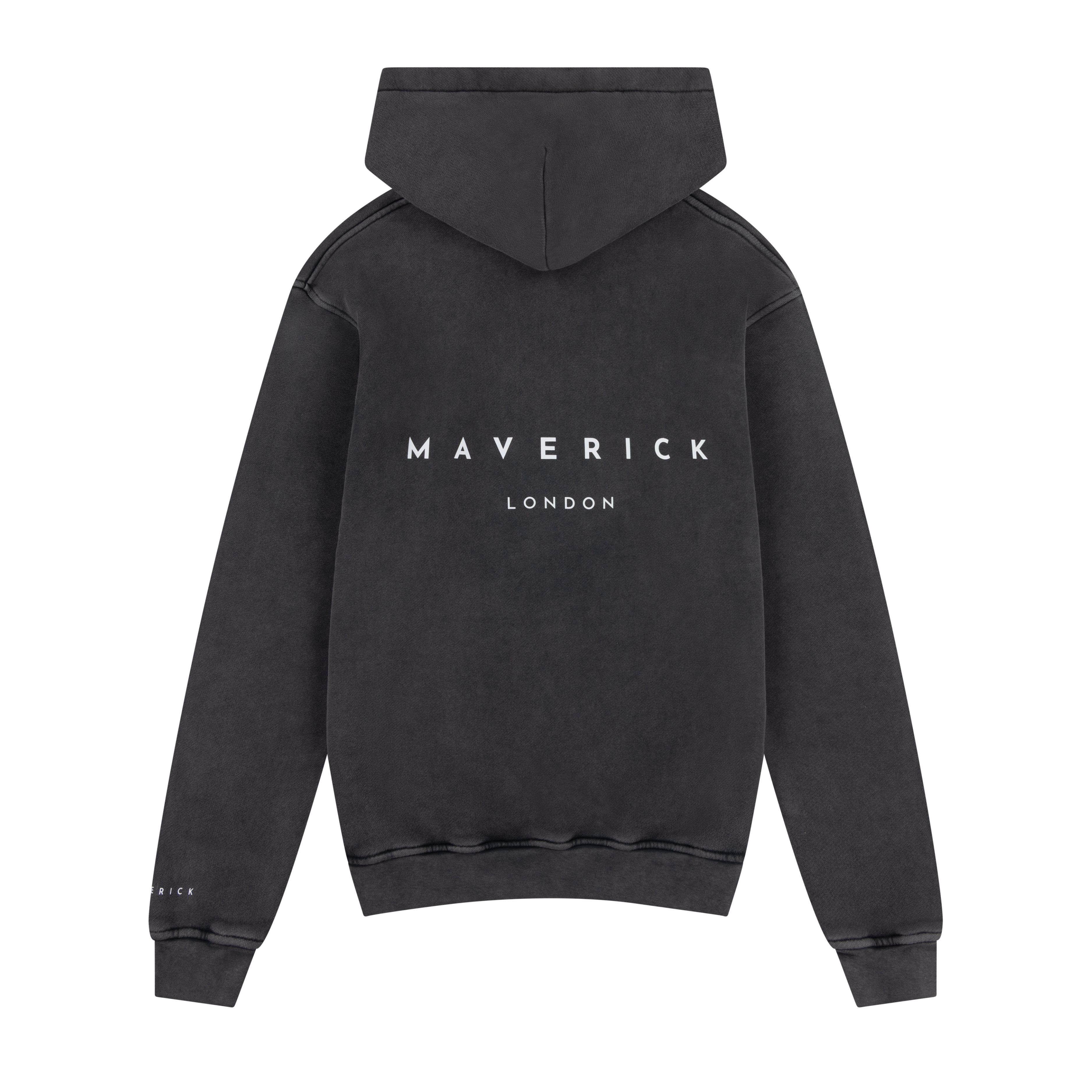 Grey hoodie with 'Maverick London' branding on the back white print