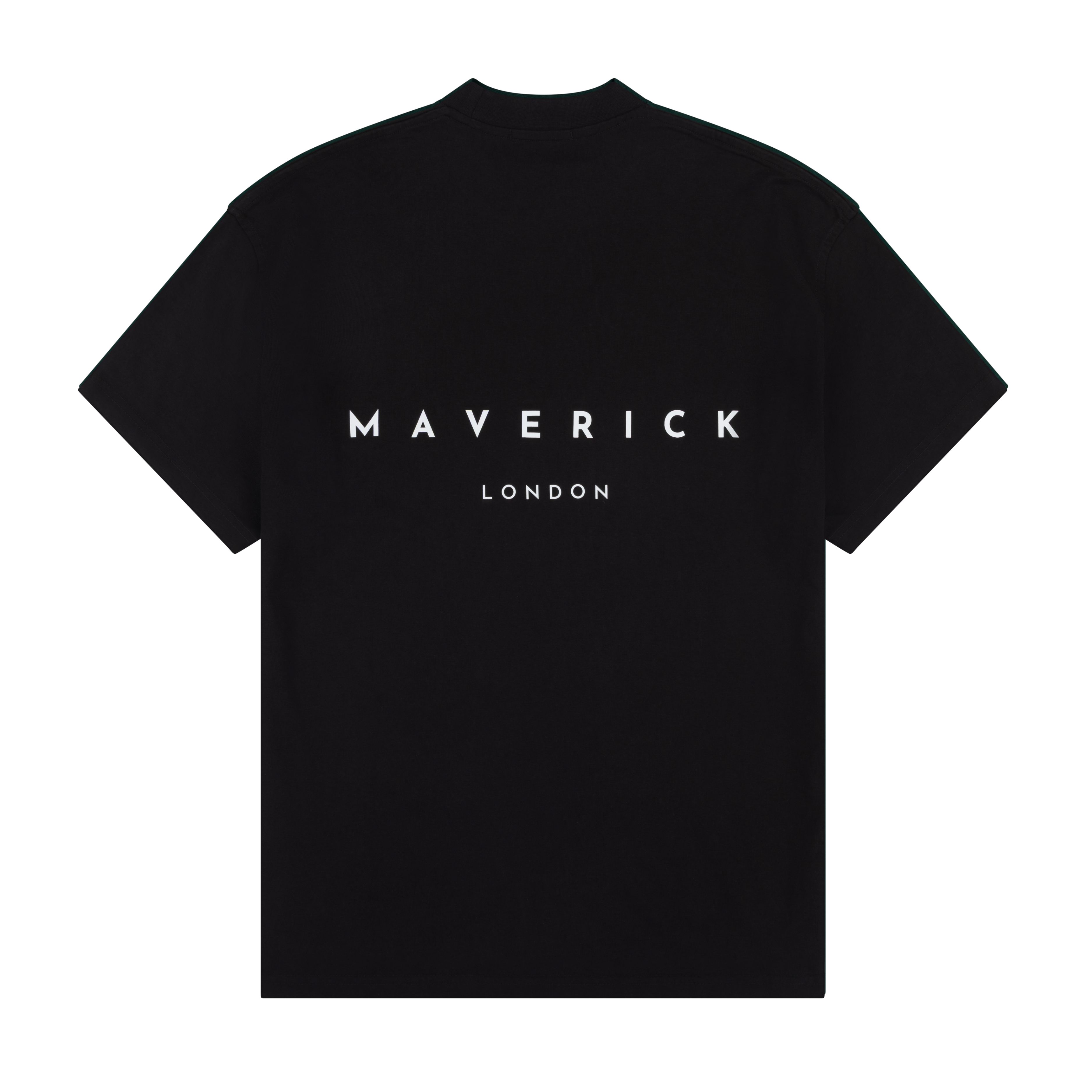 black t-shirt with 'Maverick London'  logo in white to the rear