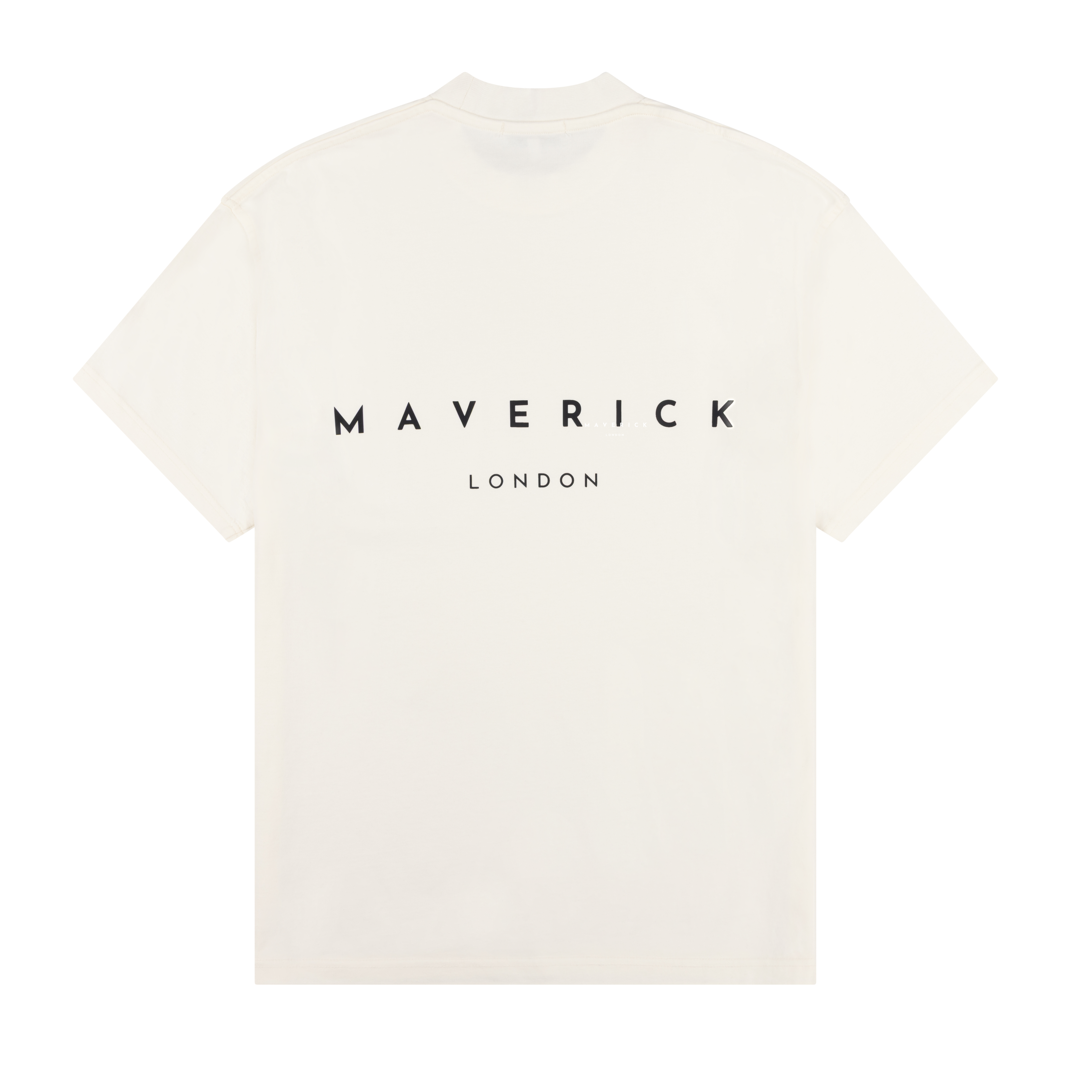 off white t-shirt with 'Maverick London'  logo in white to the rear