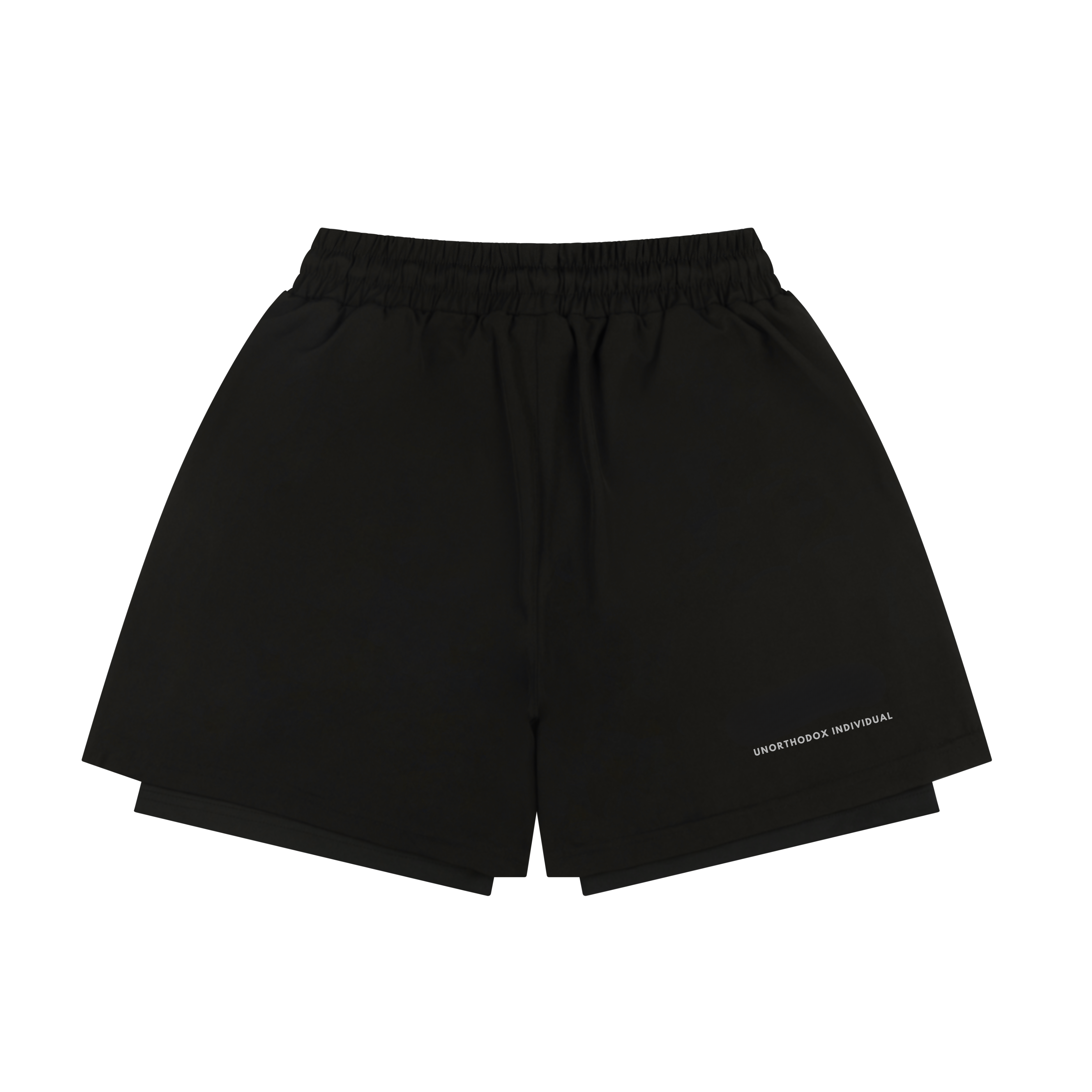 Black shorts with 'Maverick unorthodox individual branding in grey to the back